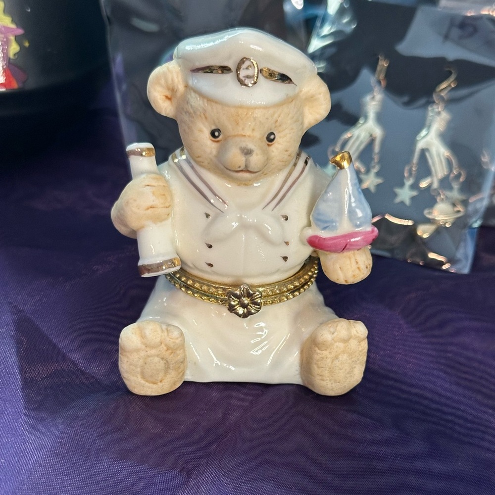 Baum Bros nautical bear trinket box with Gold and Cream Accents